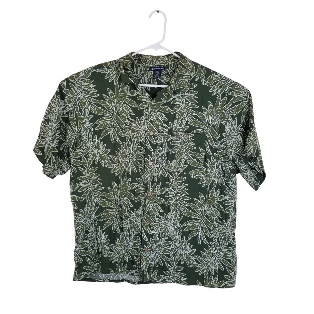Knightsbridge Mens Hawaiian Shirt Large Green Leaf Print Short Sleeve Button Up